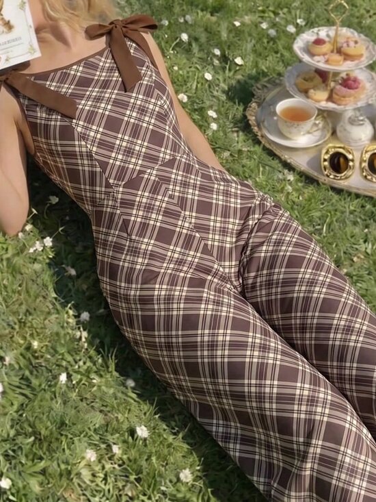Pants - Brown Casual Women's Plaid Bow Decor Sleeveless Jumpsuit